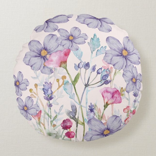 Coussins Ronds Fleur sauvage d'aquarelle moderne rose (Devant)
