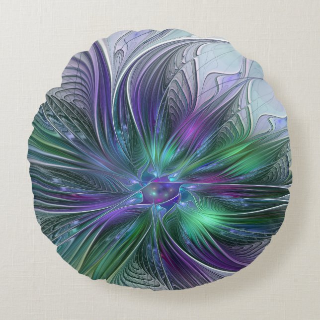 Coussins Ronds Fleur vert violet Art Abstrait moderne Fractal (Devant)
