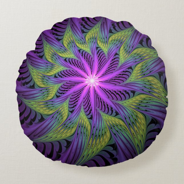 Coussins Ronds Fleur verte violette Art abstrait fractal moderne (Devant)