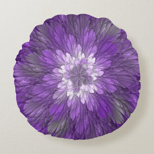 Coussins Ronds Fleur Violette Psychedelique Art Fractal Abstrait (Devant)