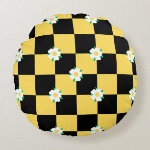 Coussins Ronds Fleurs à carreaux jaune blanc et noir