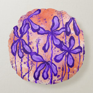 Coussins Ronds Fleurs Abstraites encrées Lys violets orange