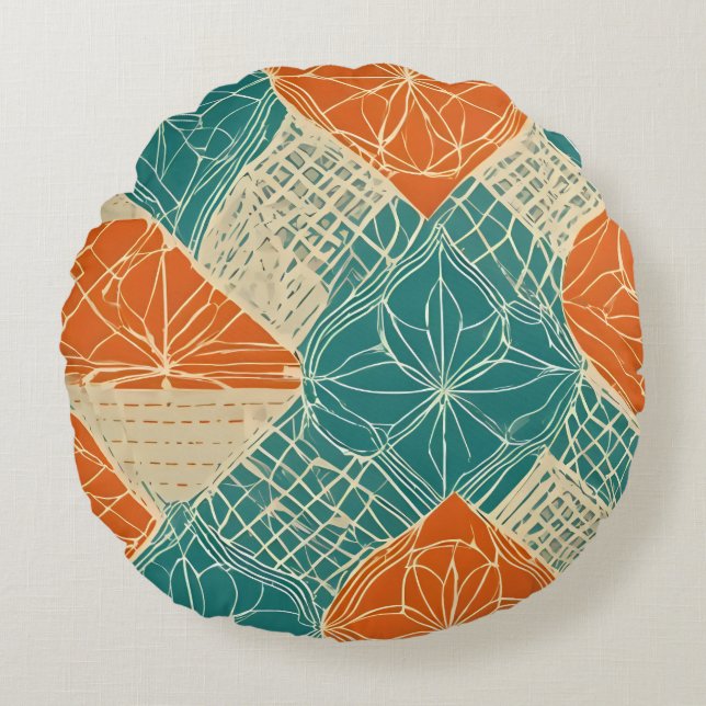 Coussins Ronds Fleurs abstraites sarcelle, orange et beige (Devant)