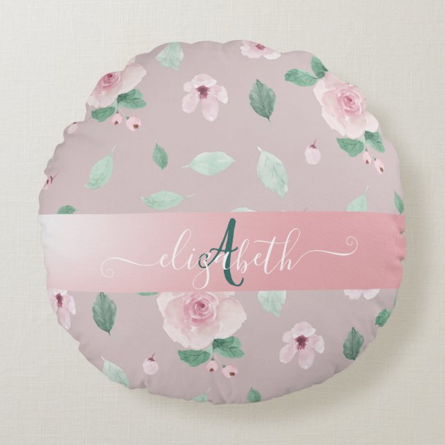 Coussins Ronds Fleurs aquarelles chic monogramme (Devant)
