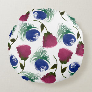 Coussins Ronds Fleurs aquarelles peinture verdure bleu burgundy