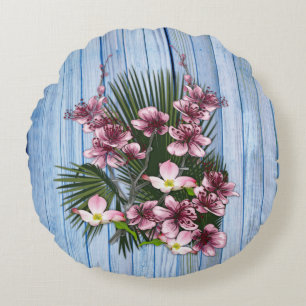 Coussins Ronds Fleurs Artistiques Roses sur texture de bois bleu