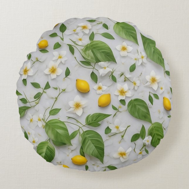 Coussins Ronds Fleurs blanches citrons feuilles vertes motif sur  (Devant)