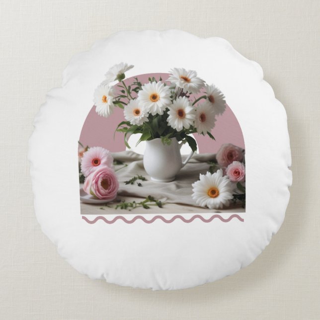 Coussins Ronds Fleurs blanches et roses (Devant)
