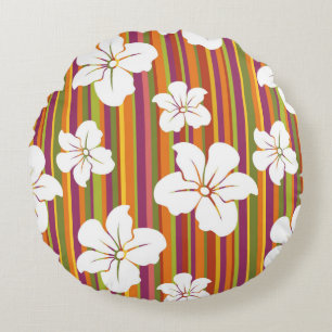 Coussins Ronds Fleurs blanches sur un arrière - plan rayé