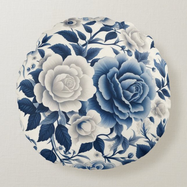 Coussins Ronds Fleurs bleue et blanches (Devant)