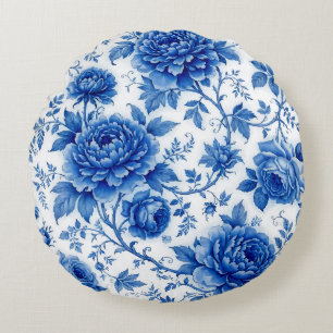 Coussins Ronds Fleurs bleues délavées Roses Pivoines Bleu de coba
