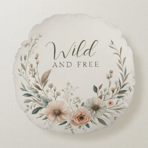 Coussins Ronds Fleurs Bohèmes Minimalistes en Ivoire et Rose Pâle