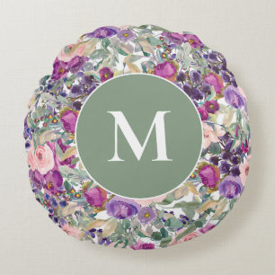 Coussins Ronds Fleurs Boho Vert Sauge Rose Violet