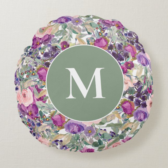Coussins Ronds Fleurs Boho Vert Sauge Rose Violet (Devant)