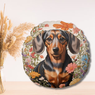 Coussins Ronds Fleurs Brown De Dachshund Et Cosmos