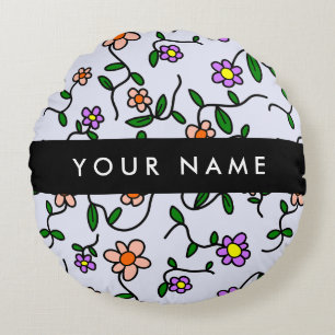 Coussins Ronds Fleurs colorées, Arrière - plan bleu, Noir