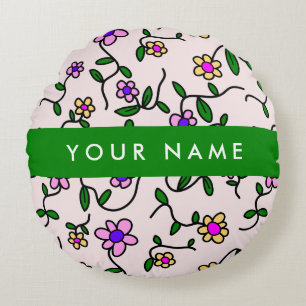 Coussins Ronds Fleurs colorées, Arrière - plan rose, Vert