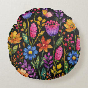 Coussins Ronds Fleurs Colorées et Vibrantes sur Fond Noir