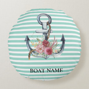 Coussins Ronds Fleurs d'ancre nautiques rayures vert menthe