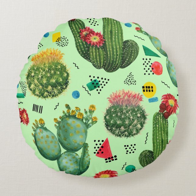 Coussins Ronds Fleurs de cactus : Aquarelle Arrière - plan géomét (Devant)