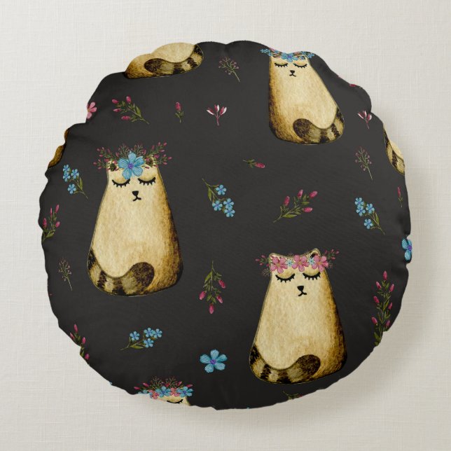 Coussins Ronds Fleurs de chats mignons Motif d'aquarelle (Devant)