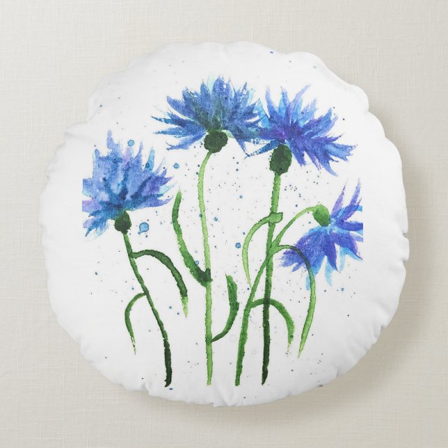 Coussins Ronds Fleurs de Cornflowers bleu aquarelle été tendance (Devant)