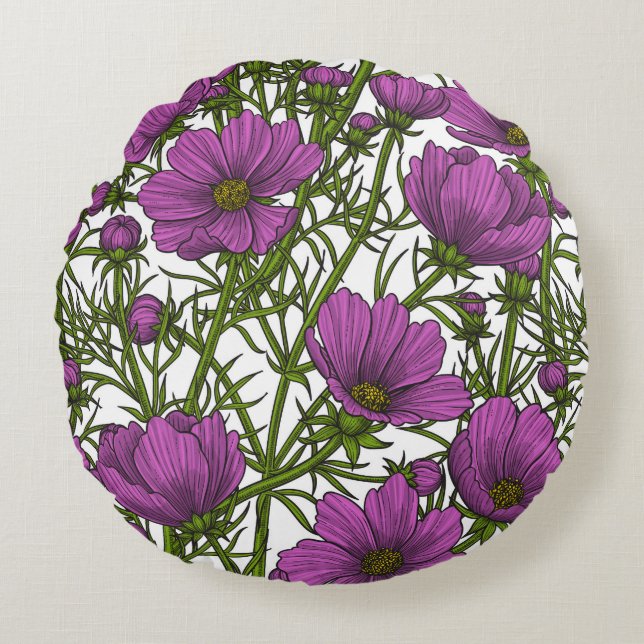 Coussins Ronds Fleurs de cosmos violet (Devant)
