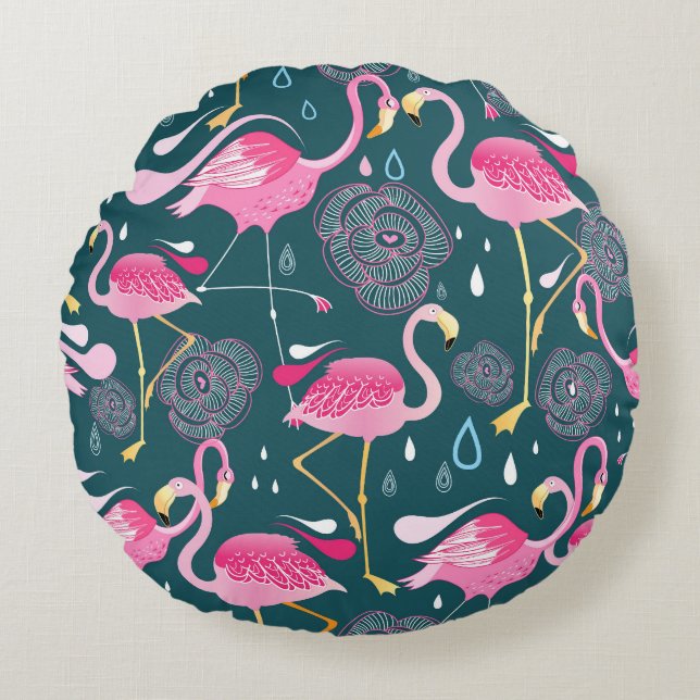 Coussins Ronds Fleurs de Flamants roses : Graphisme foncé sans co (Devant)
