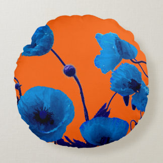 Coussins Ronds Fleurs de pavot aquarelle florale bleue, coucher d