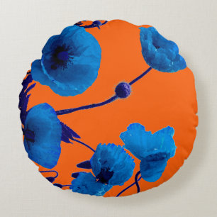Coussins Ronds Fleurs de pavot aquarelle florale bleue Coucher de