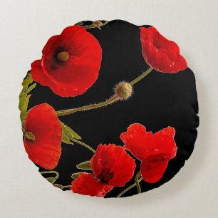 Coussins Ronds Fleurs de pavot Coloré Rouge Floral Abstrait Noir