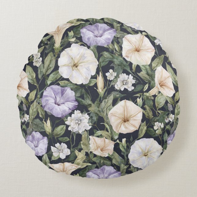 Coussins Ronds Fleurs de pétunia crème lavande violette   (Devant)