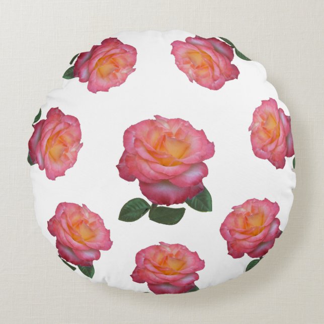 Coussins Ronds Fleurs de rose rose sur fond blanc (Devant)