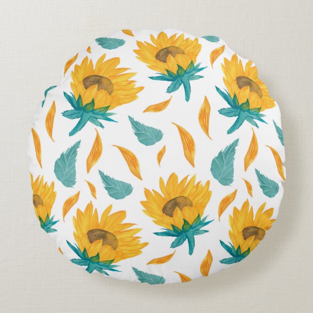 Coussins Ronds Fleurs de soleil d'aquarelle : Impression botaniqu (Devant)