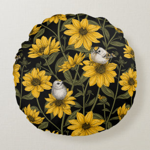 Coussins Ronds Fleurs de soleil sauvages et oiseaux de crête doré