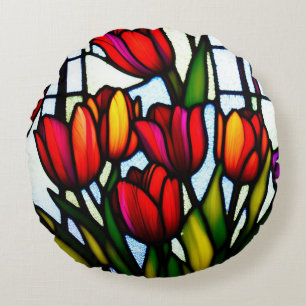 Coussins Ronds "Fleurs de verre: Tulipes en plomb dans la couleur