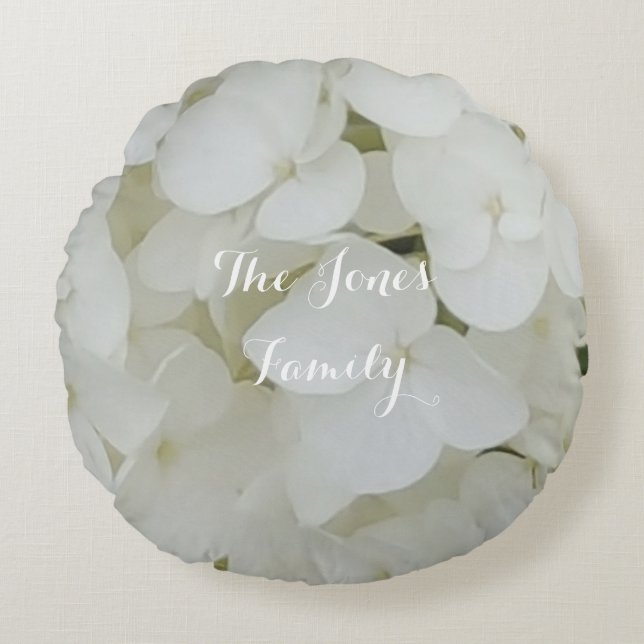 Coussins Ronds Fleurs d'Hydrangée Floral Blanc Blossom Élégant (Devant)