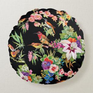 Coussins Ronds Fleurs d'oiseaux sauvages : Noir Vintage