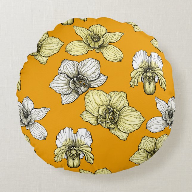 Coussins Ronds Fleurs d'orchidées jaune et blanc (Devant)