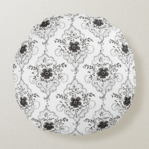 Coussins Ronds Fleurs en faux dentelle noir blanc