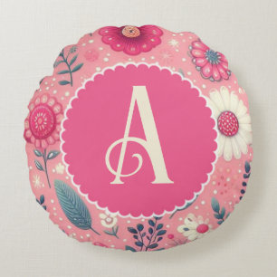 Coussins Ronds Fleurs enchaînées monogrammes roses personnalisées