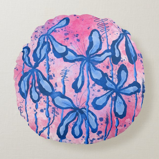 Coussins Ronds Fleurs encrées Abstraites Lys bleu rose (Devant)