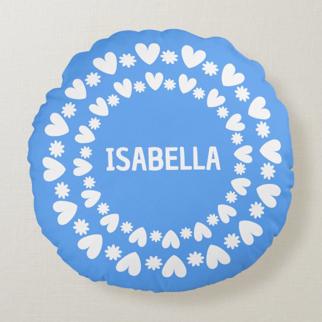 Coussins Ronds Fleurs Et Coeurs Nom (Devant)