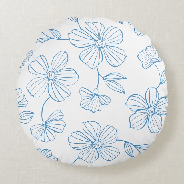 Coussins Ronds Fleurs et feuilles de contour bleu charme (Devant)