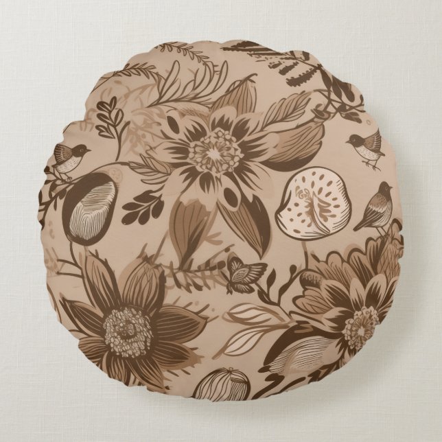 Coussins Ronds Fleurs et oiseaux brunâtres (Devant)