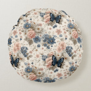 Coussins Ronds Fleurs et papillons roses et bleus de printemps vi
