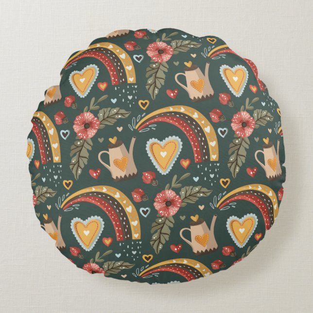 Coussins Ronds Fleurs et Rainbows Boho Motif (Devant)
