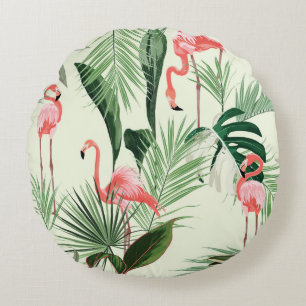 Coussins Ronds Fleurs exotiques et flamands roses, feuilles de pa