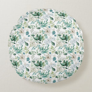Coussins Ronds Fleurs Florales Blanches Feuillage Eucalyptus Élég