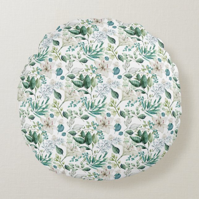 Coussins Ronds Fleurs Florales Blanches Feuillage Eucalyptus Élég (Devant)